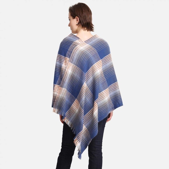 Blue White Multicolor Plaid Poncho - Picture 4 of 5